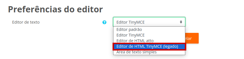 Imagem com os tipos de editores existentes no Moodle UFABC.