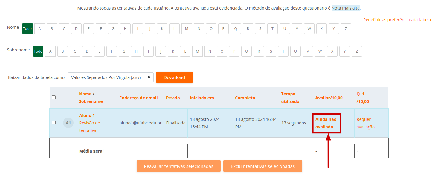 Captura de tela da atividade questionário com o resumo das tentativas realizadas por um aluno ainda sem as notas de avaliação