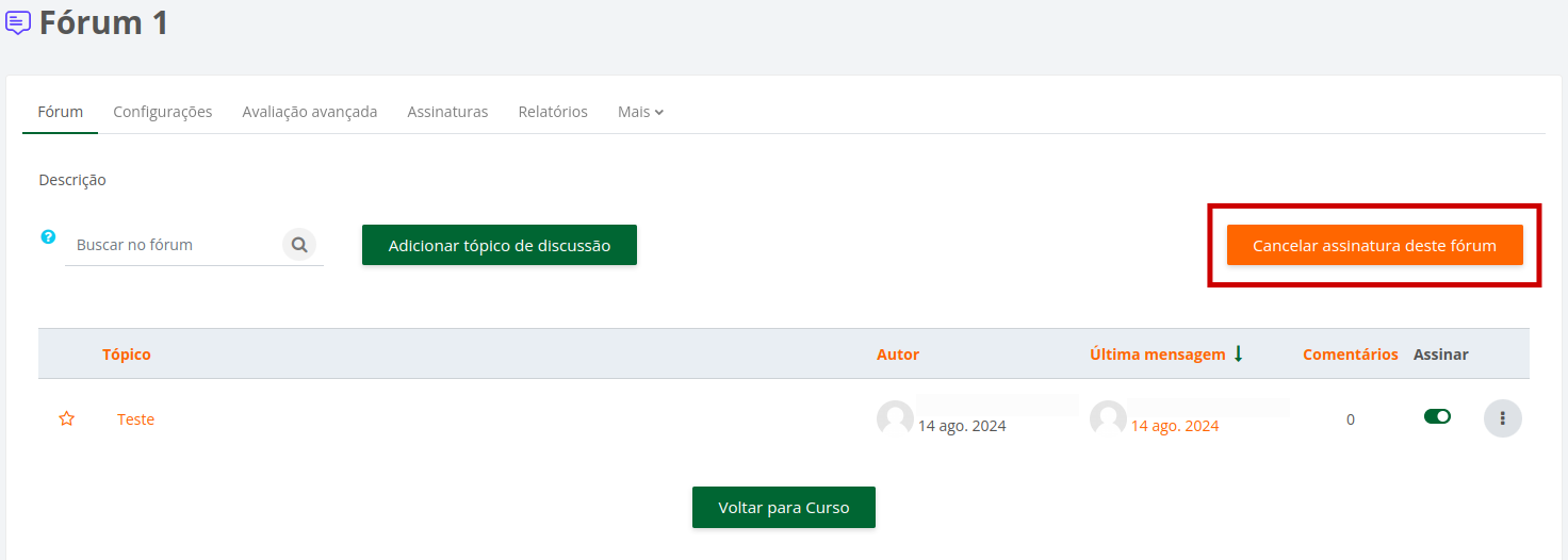 Captura de tela de fórum com a opção de cancelar assinatura do fórum disponível