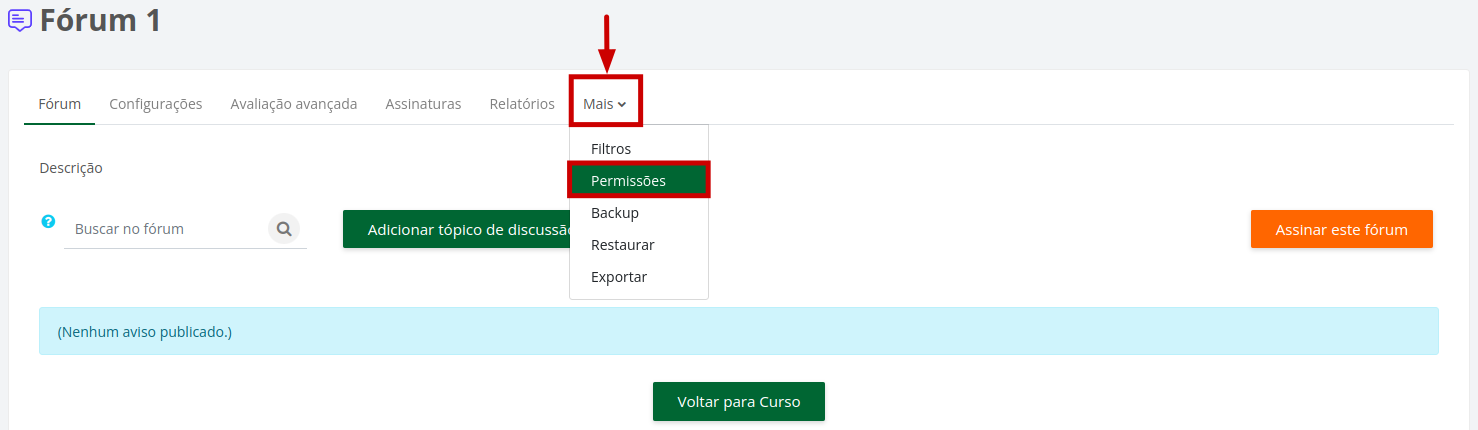 Captura de tela mostrando como acessar as configurações de permissão do fórum conforme descrito acima. 