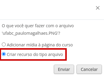 Imagem da caixa de ações do que fazer com a imagem, adicionar mídia à página do curso ou criar recurso do tipo arquivo