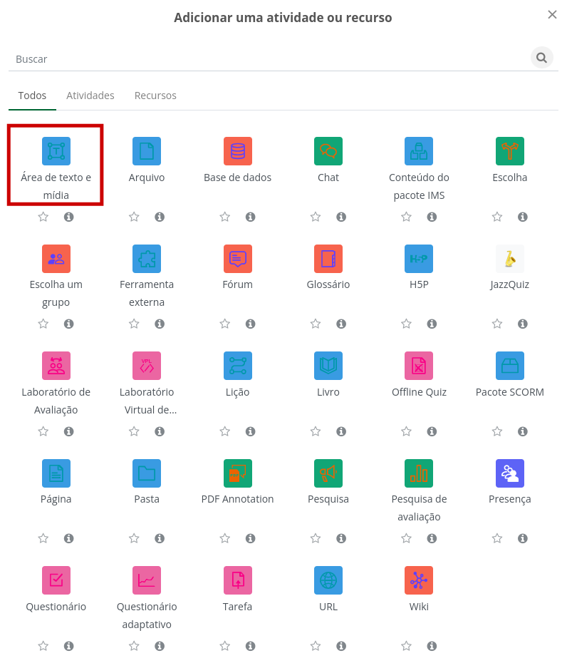 Imagem da opção Adicionar uma atividade ou recurso com destaque para área de texto e mídia