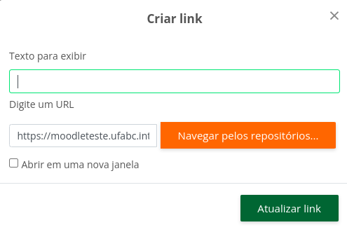 Imagem da caixa criar link, com os campos texto para exibir e digite um url