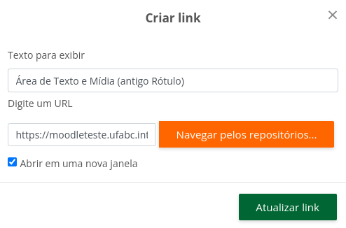 Imagem da caixa criar link com a opção abrir em uma nova janela selecionada