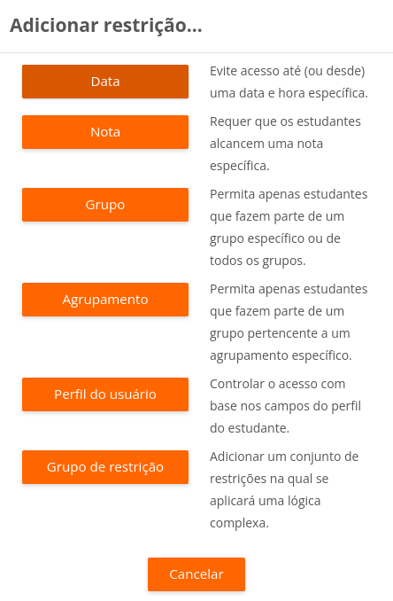 Imagem com os tipos de restrição disponíveis para configuração