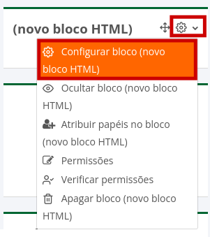 Imagem do menu de configurações do bloco HTML, mostrando todas opções do menu