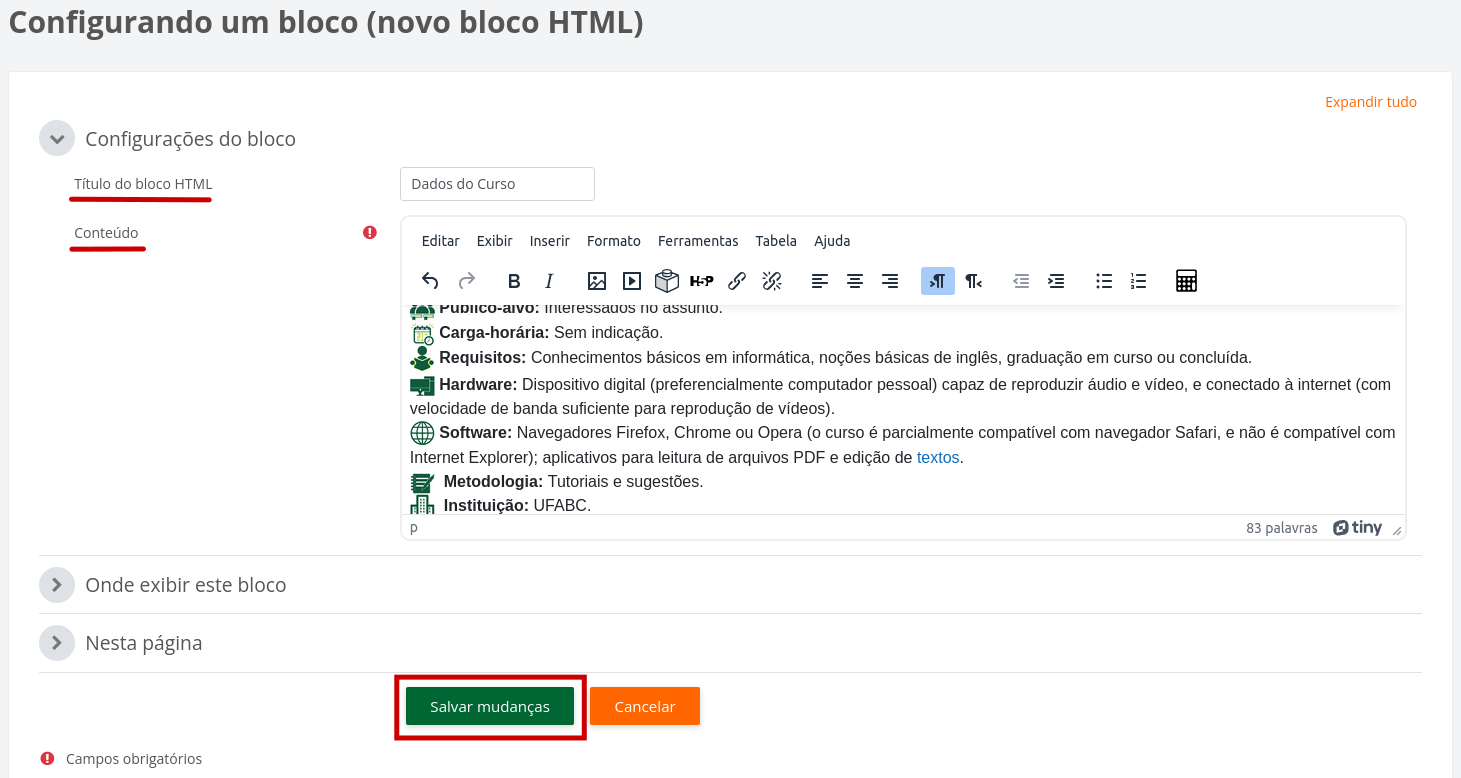 imagem mostrando as configurações do bloco HTML, como título e conteúdo