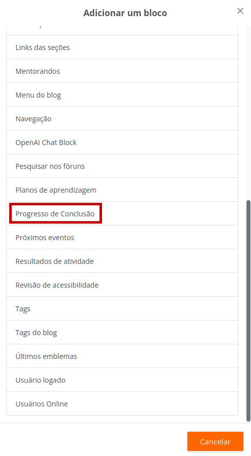 Imagem com as opções de bloco para adição e em destaque o texto Progresso de Conclusão