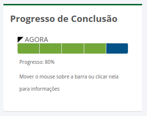 Imagem com exemplo de bloco de progressão de conclusão do curso, onde é mostrada a porcentagem de progresso do aluno por texto e pela barra desenhada