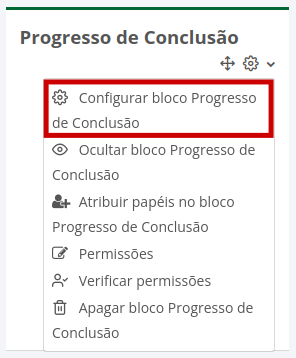 Imagem do menu de configurações do bloco Progresso de conclusão, mostrando todas opções do menu