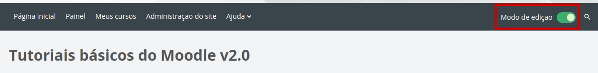 Captura de tela da página inicial do curso mostrando o botão modo de edição ativado no canto superior direito da tela
