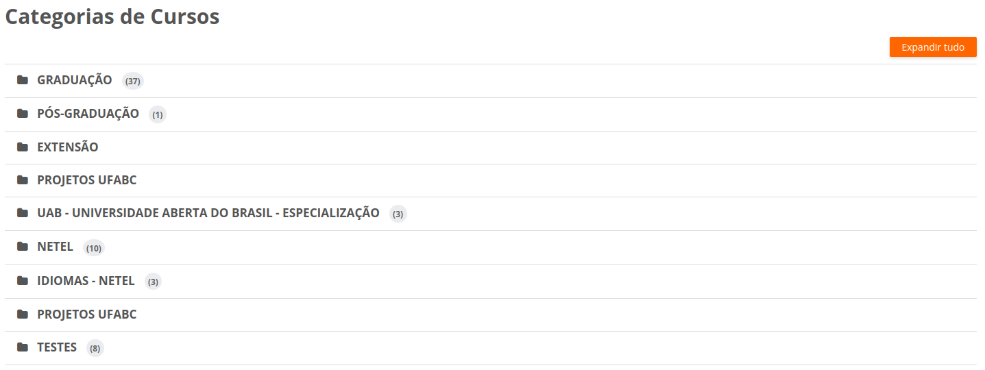 Lista de categorias de cursos disponíveis no Moodle.