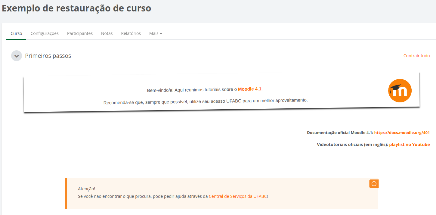 Página inicial do curso restaurado.