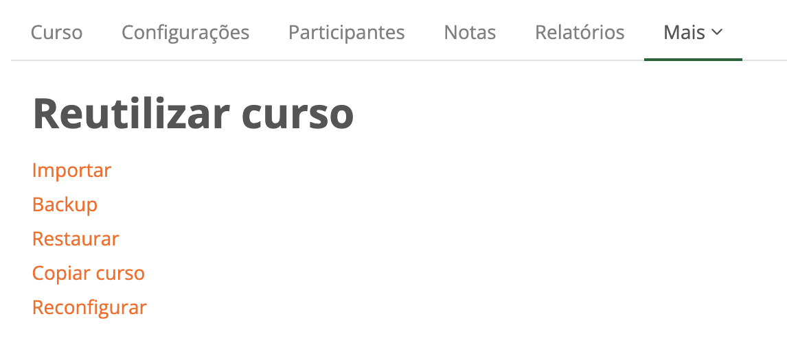Opção Restaurar selecionada no menu de reutilização do curso.