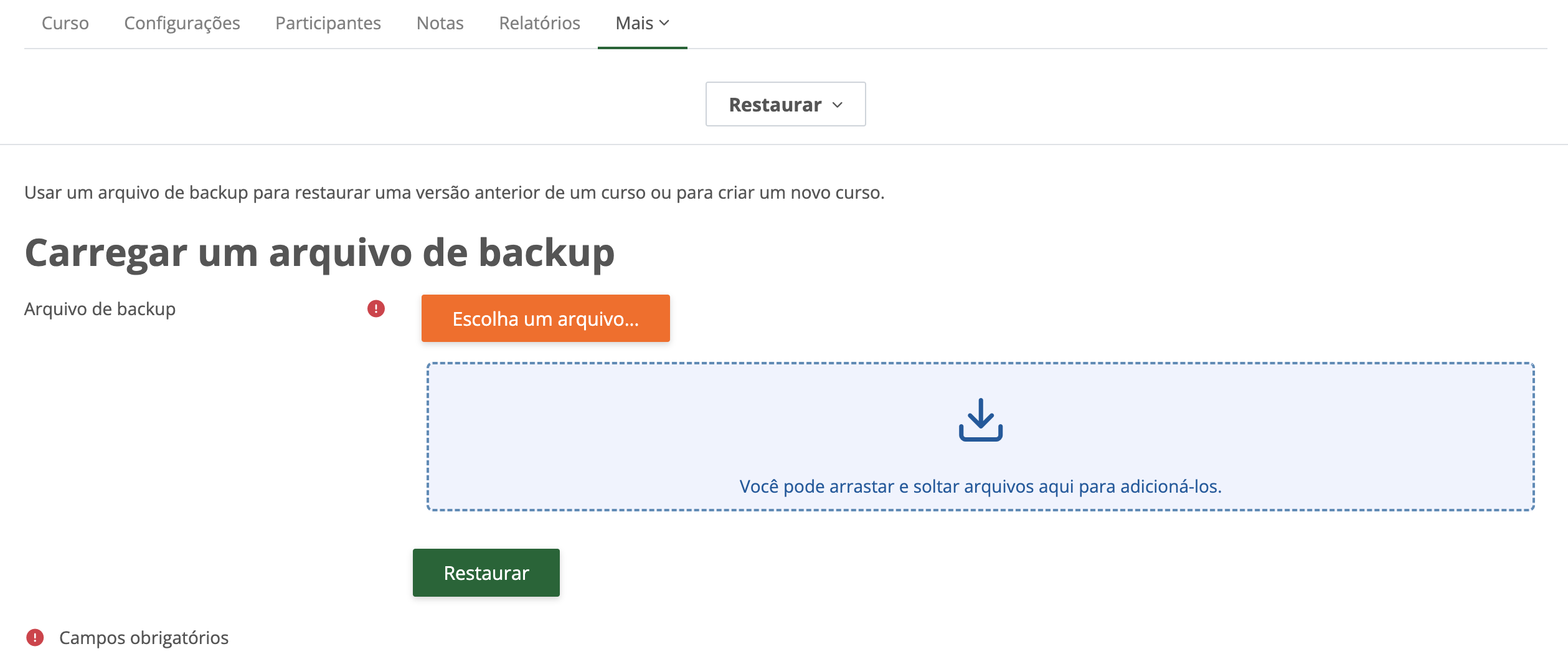 Tela de seleção do arquivo de backup para restauração.