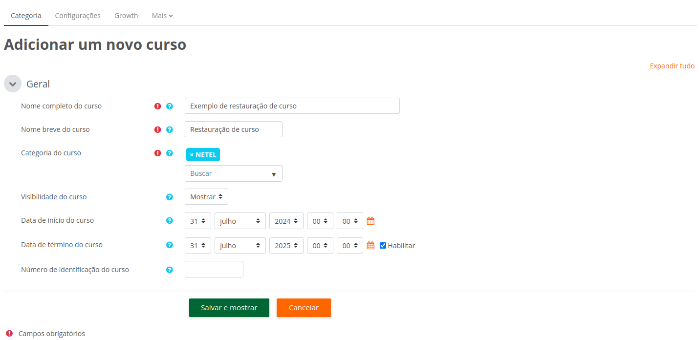 Formulário de criação de novo curso com os campos obrigatórios preenchidos.