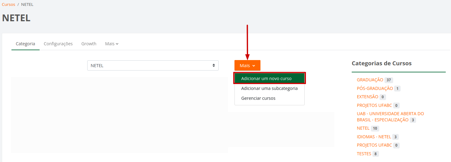 Menu da categoria com a opção Adicionar um novo curso.