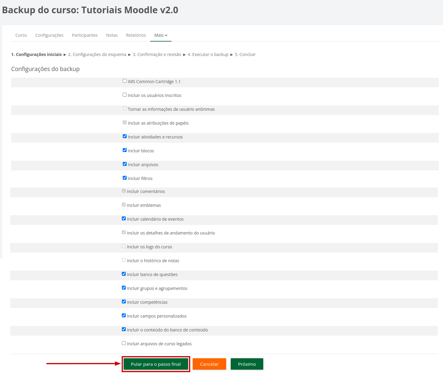 Tela de configurações de backup com as opções recomendadas selecionadas.