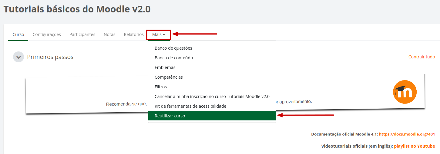 Menu do curso com a opção Reutilizar curso destacada.