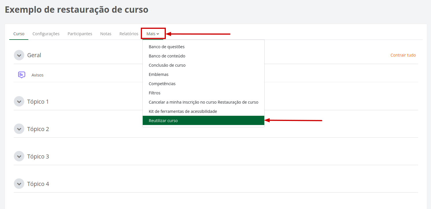 Página do curso com a opção Reutilizar curso no menu.