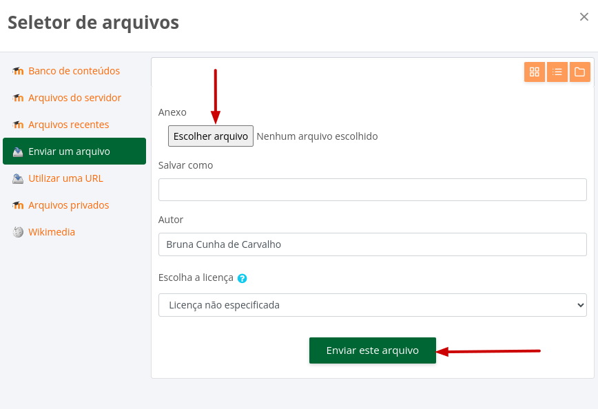 Seleção e envio do arquivo de backup.