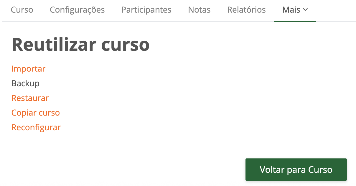 Opção Backup selecionada.