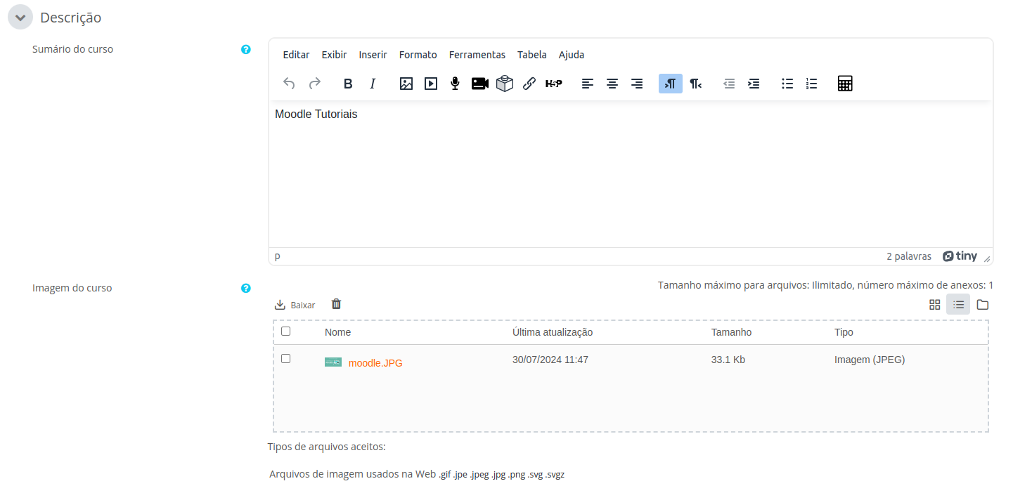 Campos de descrição e imagem do curso.