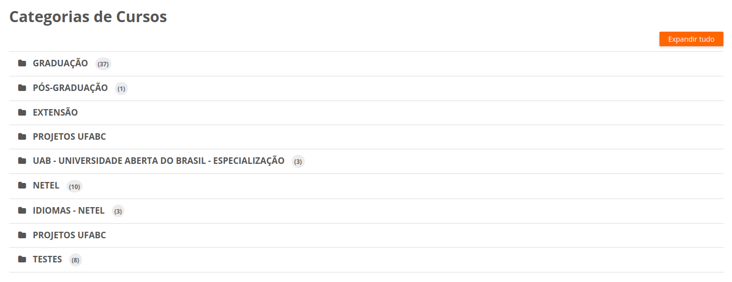 Categorias de cursos na página inicial do Moodle.