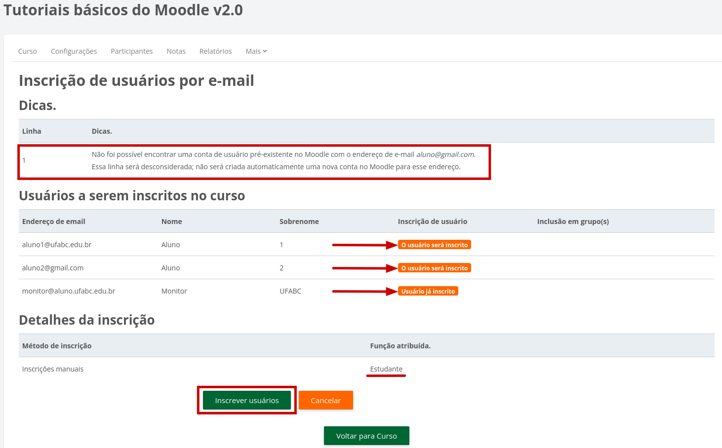 Captura da tela de confirmação de usuários a serem inscritos, erros encontrados e detalhes da inscrição