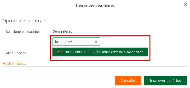 Captura de tela do campo Selecione usuários com e-mail parcialmente preenchido e ainda sim localizando o usuário em questão.