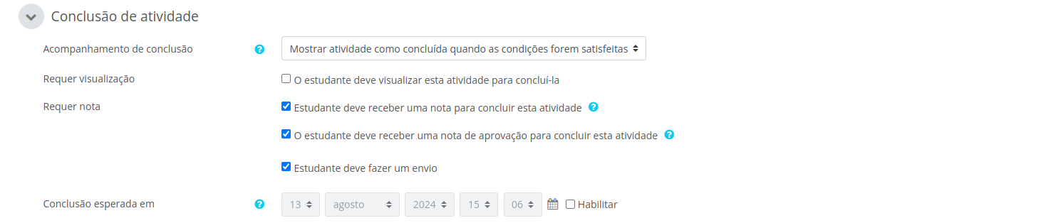 Captura de tela com exemplo das configurações de conclusão de atividade do tipo tarefa com envio de atividade.