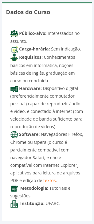Imagem do bloco dados do curso, com informações sobre o curso